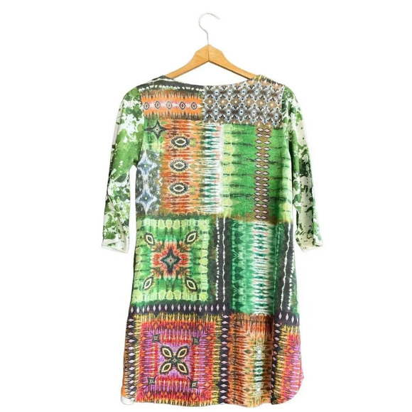 AMMA Tunic Top Women’s M Multicolor Elbow Sleeve Floral Abstract Artsy Blouse - Picture 2 of 3